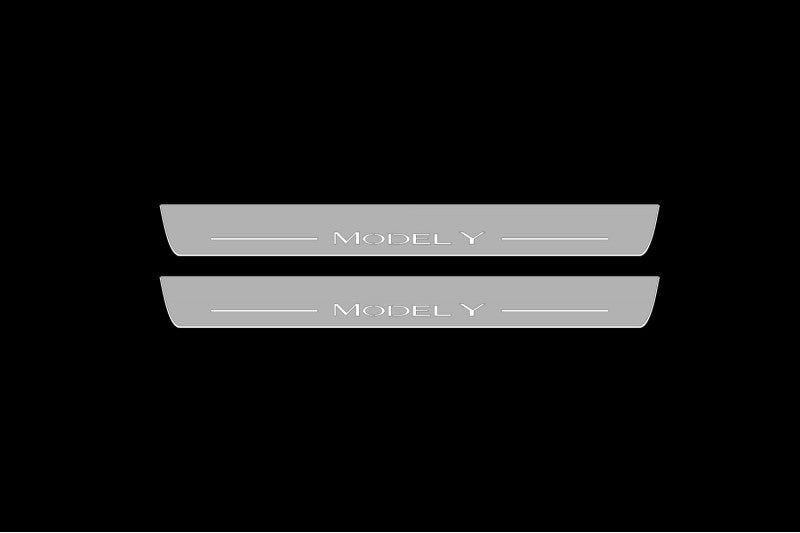 Illuminated LED Door Sill Tread Plates Tesla Model Y 2020+ With Model Y Logo Tesla Led Door Sills opdesign