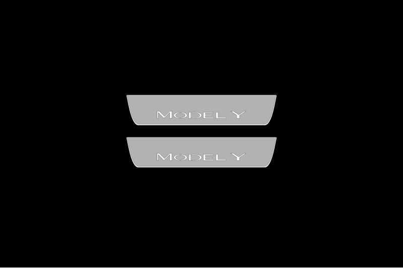 Illuminated LED Door Sill Tread Plates Tesla Model Y 2020+ With Model Y Logo Tesla Led Door Sills opdesign