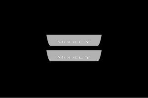 Illuminated LED Door Sill Tread Plates Tesla Model Y 2020+ With Model Y Logo Tesla Led Door Sills opdesign