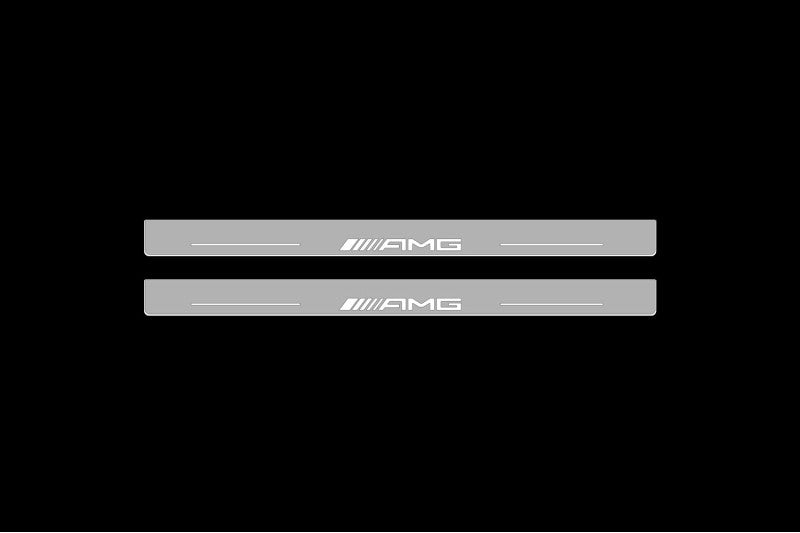 Illuminated LED Door Sill Tread Plates Mercedes E W124 1985-1996 With AMG Logo Mercedes Led Door Sills opdesign