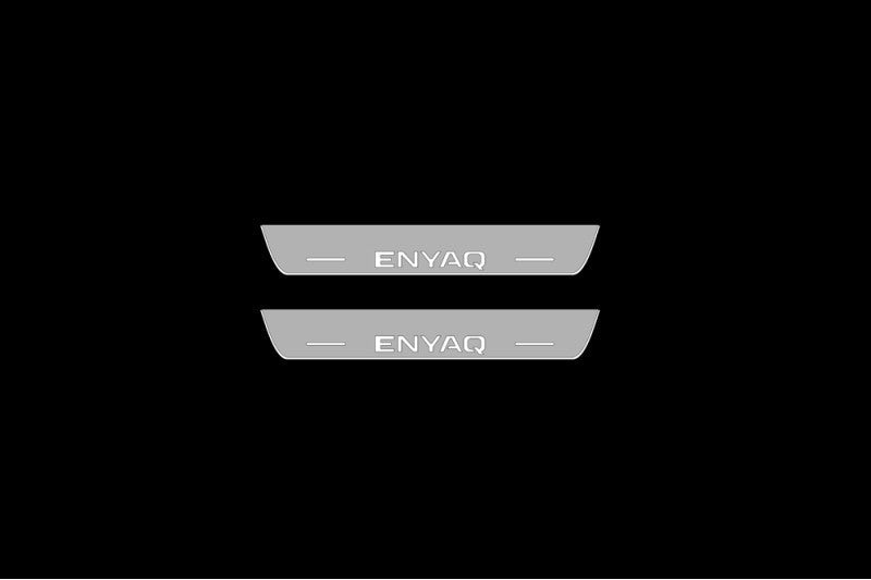 Illuminated LED Door Sill Tread Plates Skoda Enyaq 2020+ With Enyaq Logo Skoda Led Door Sills opdesign