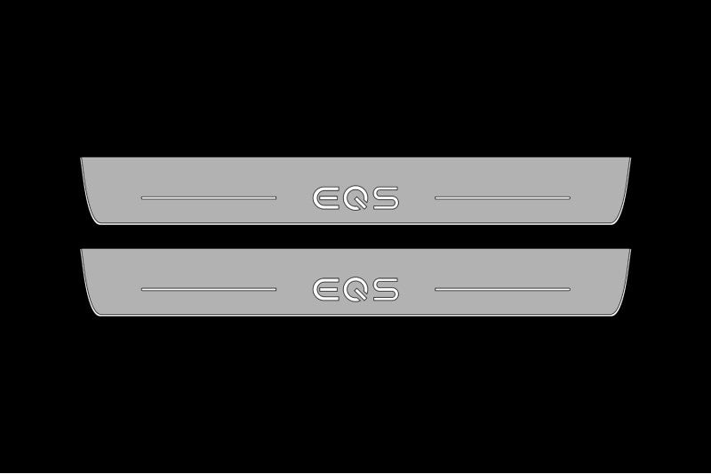 Illuminated LED Door Sill Tread Plates Mercedes EQS SUV 2022+ With EQS Logo Mercedes Led Door Sills opdesign