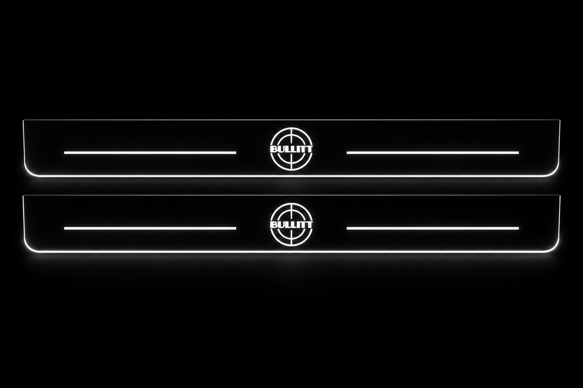 Product visualization: two exact BULLITT target-emblem plates with bars; hidden metal in night main flat brushed stainless steel door sill plates with white LED artwork and edges, dark background.