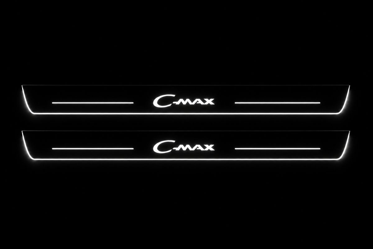 Product visualization: two flat C-Max front sill plates with exact original lettering and thin bars. Black night background, unlit stainless face nearly hidden, white illuminated artwork, bars and real side/end edges with soft glow.