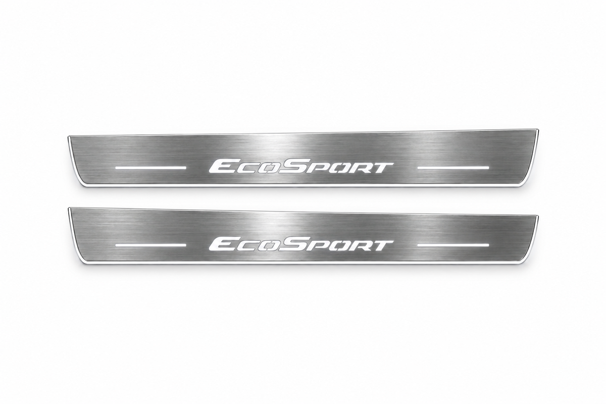 Product visualization: two Ford EcoSport FRONT flat brushed stainless steel door sill plates with white LED artwork and edges, white background.