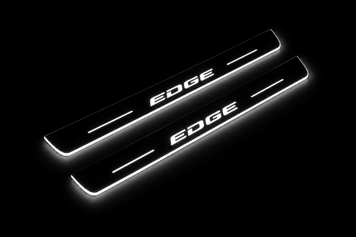 Product visualization: EDGE exact source wordmark, two flat front plates flat brushed stainless steel door sill plates with white LED artwork and edges, dark background.