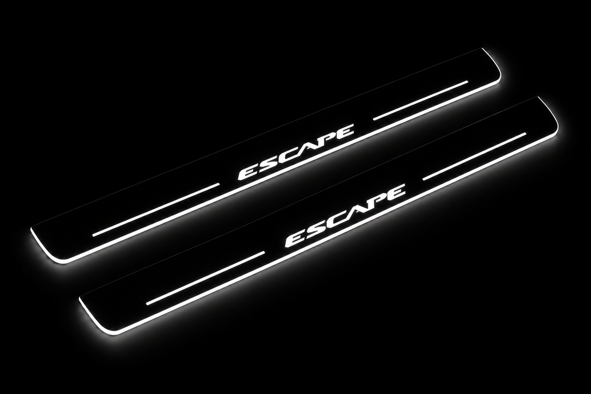 Product visualization: ESCAPE exact source wordmark, two flat front plates flat brushed stainless steel door sill plates with white LED artwork and edges, dark background.