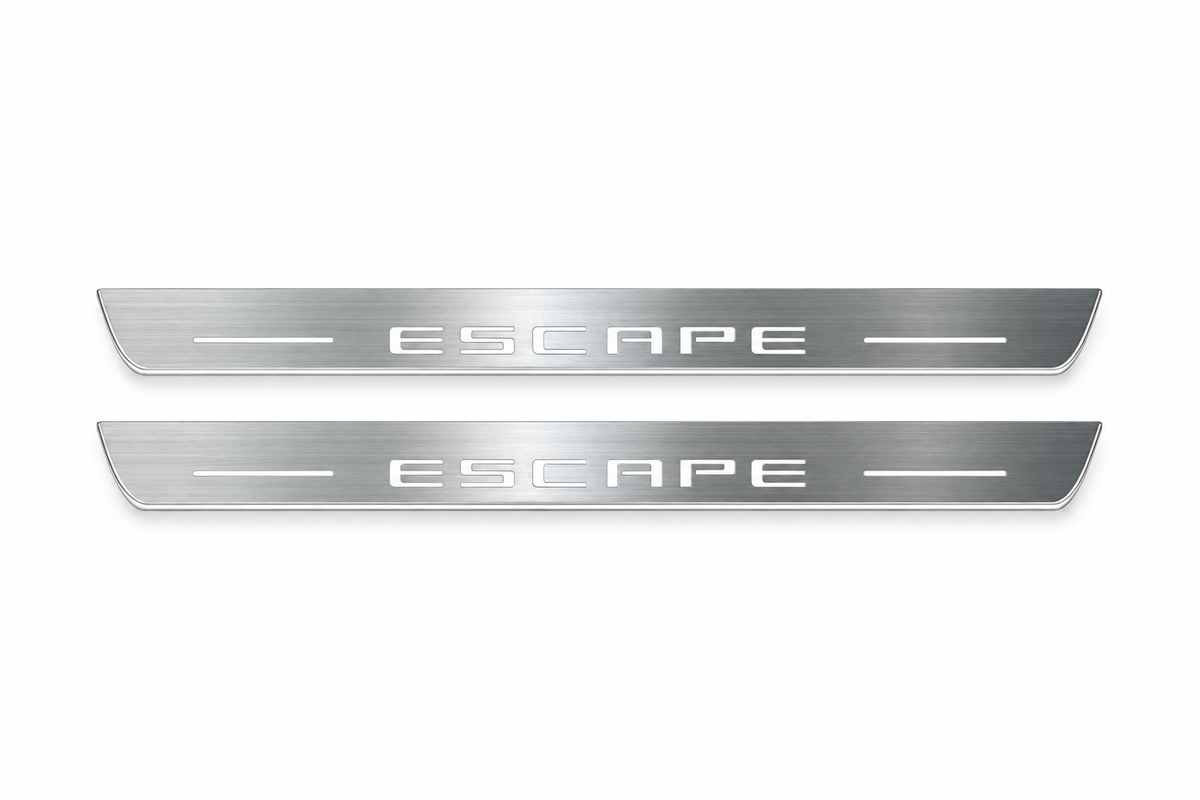 Product visualization: two exact Escape front plates with original ESCAPE lettering and bars flat brushed stainless steel door sill plates with white LED artwork and edges, white background.