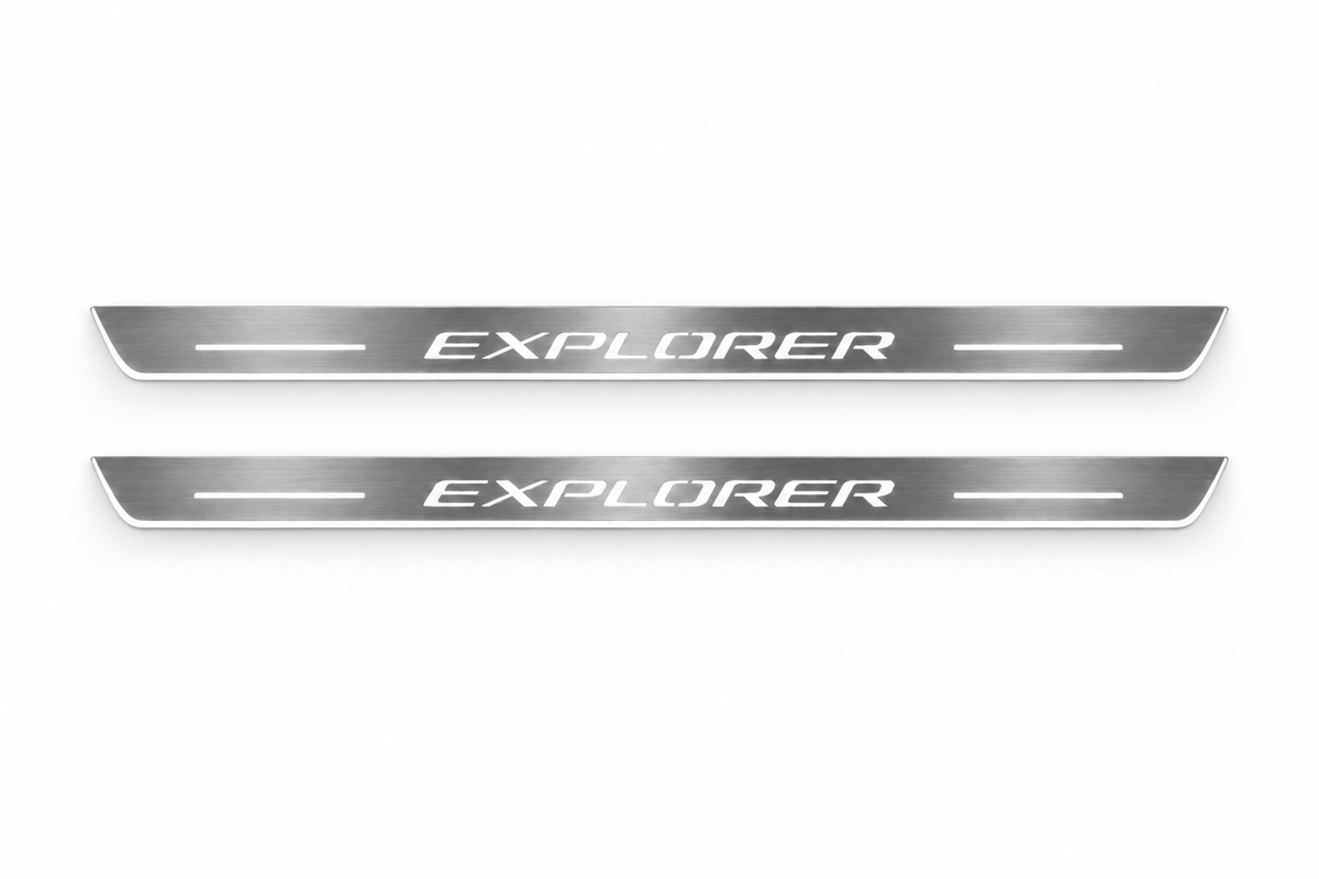 Product visualization: two Ford Explorer FRONT flat brushed stainless steel door sill plates with white LED artwork and edges, white background.