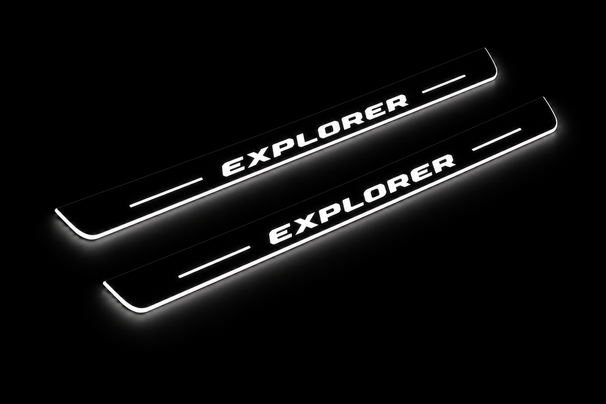 Product visualization: explorer-u502 exact source artwork, two flat front plates flat brushed stainless steel door sill plates with white LED artwork and edges, dark background.