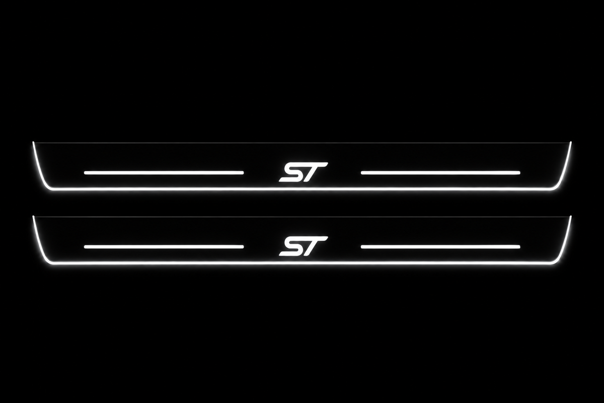 Product visualization: two flat Fiesta ST front plates with original ST logo and bars. Black night background, unlit stainless face nearly hidden, white illuminated artwork, bars and real side/end edges with soft glow.