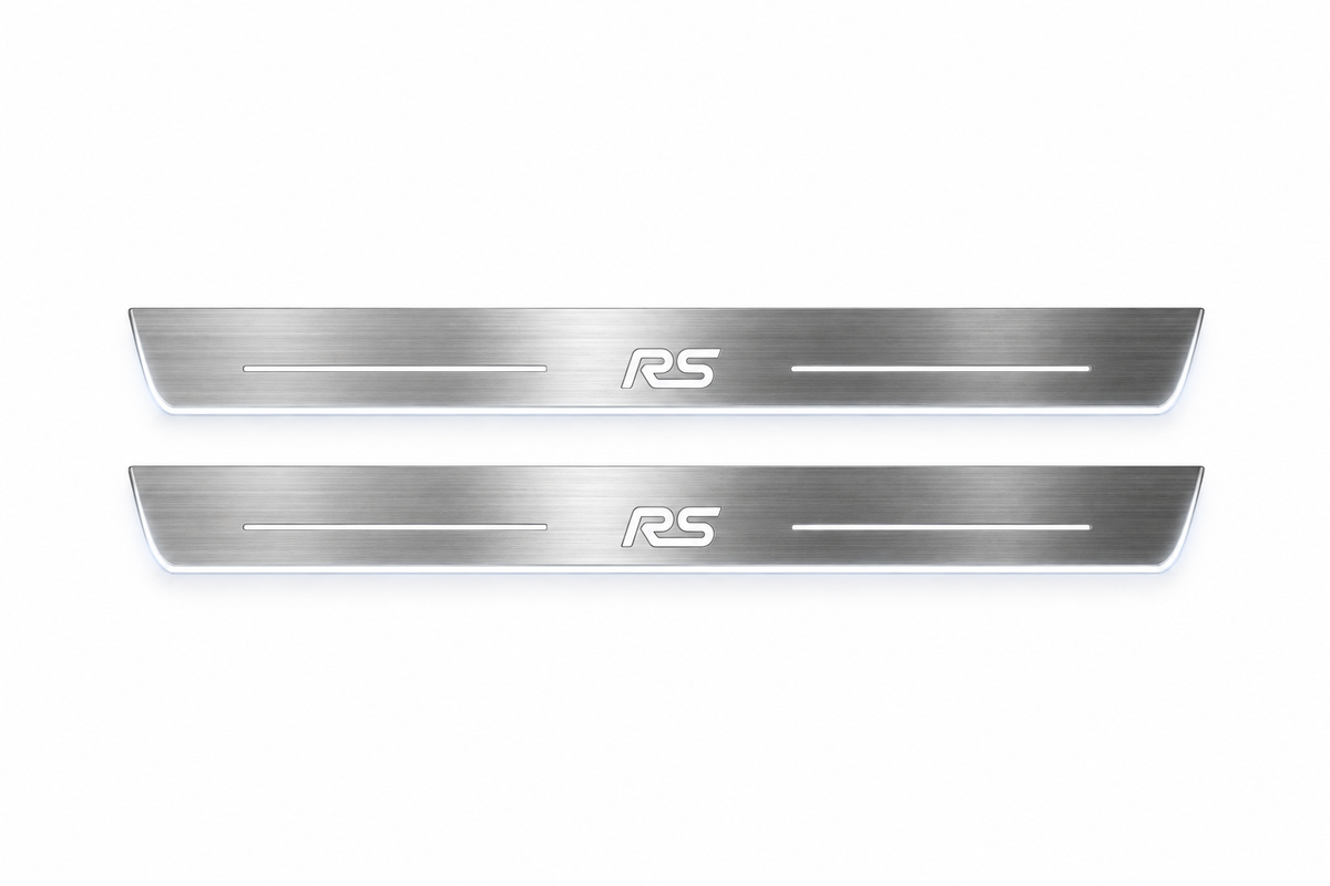 Product visualization: two Ford Focus RS front plates, exact original RS logo and bars; main metal hidden in black night lighting, white LED art and side/end edges; white secondary shows silver metal flat brushed stainless steel door sill plates with white LED artwork and edges, white background.