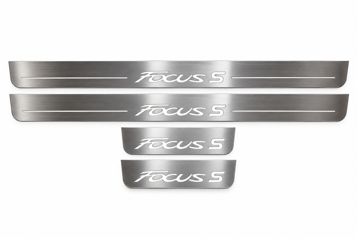 Product visualization: four original flat Focus S sill plates, two front with bars and two shorter rear without bars flat brushed stainless steel door sill plates with white LED artwork and edges, white background.