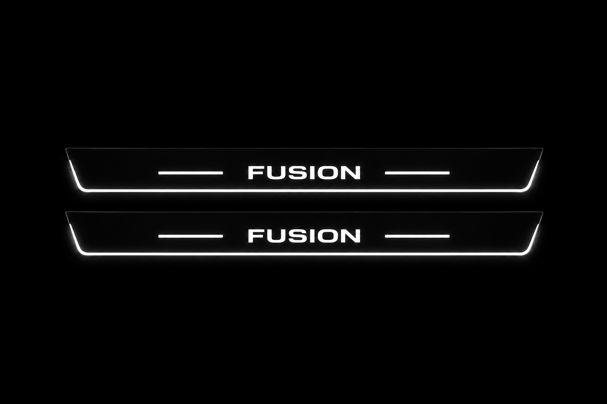 Product visualization: two flat long front plates with original squared FUSION lettering, side bars and Stainless edge LEDs; outline checked against saved exact material pair flat brushed stainless steel door sill plates with white LED artwork and edges, dark background.