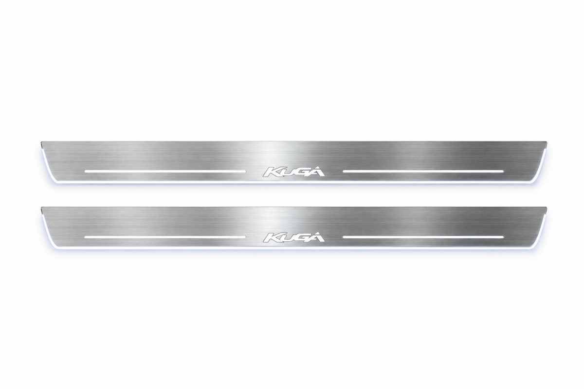 Product visualization: two exact Kuga front plates, own script and bars; dark main nearly invisible metal and white LED, white secondary visible silver flat brushed stainless steel door sill plates with white LED artwork and edges, white background.