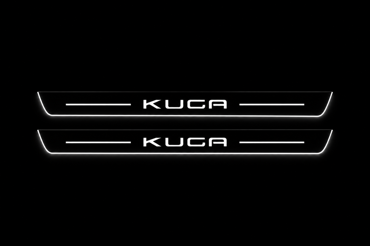 Product visualization: two exact Kuga III front plates, original uppercase KUGA artwork and bars flat brushed stainless steel door sill plates with white LED artwork and edges, dark background.