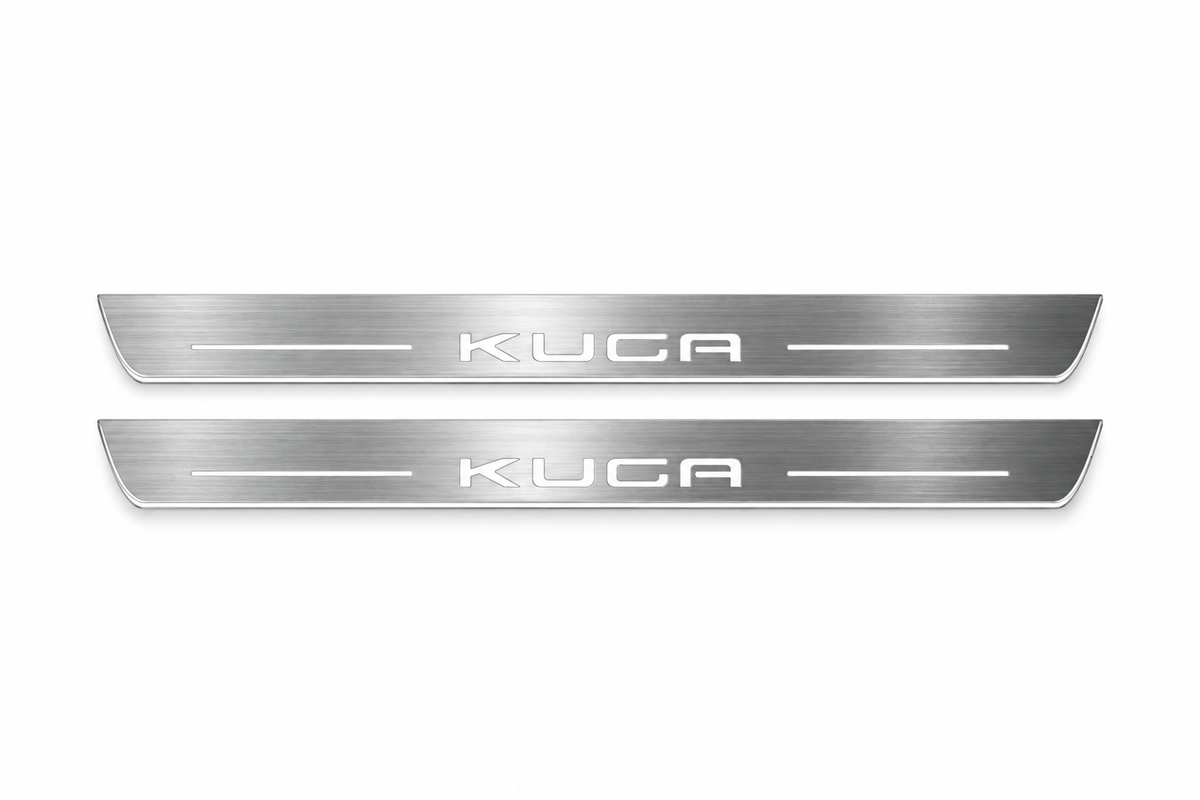 Product visualization: two exact Kuga III front plates, original uppercase KUGA artwork and bars flat brushed stainless steel door sill plates with white LED artwork and edges, white background.