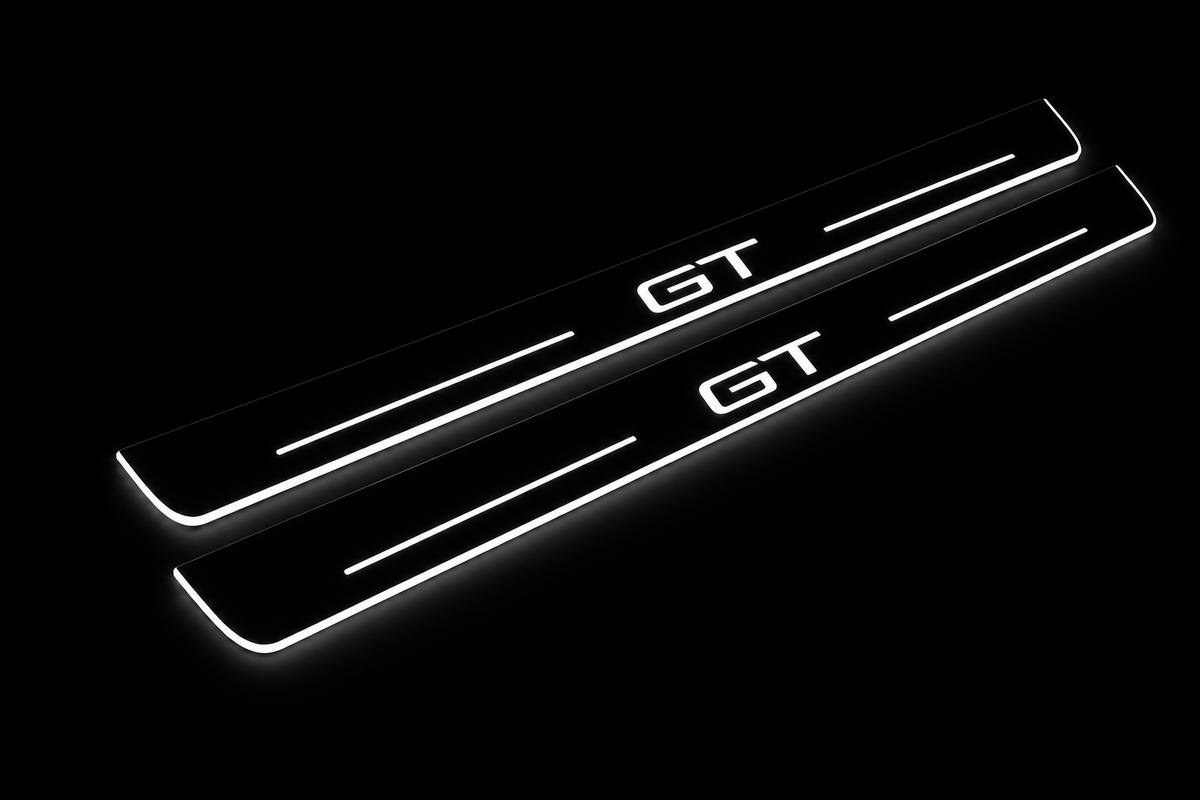 Product visualization: two exact original mach-e-gt-diagonal flat Stainless front plates; all source artwork retained and actual LED edges white flat brushed stainless steel door sill plates with white LED artwork and edges, dark background.