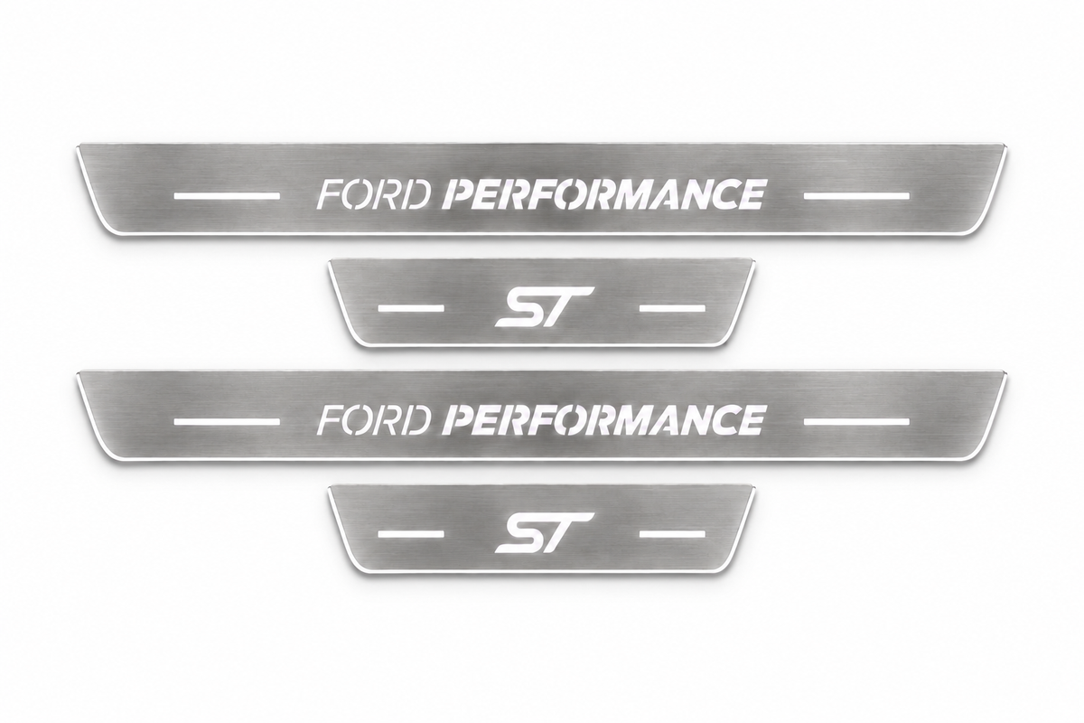 Product visualization: four Ford Focus FRONT+REAR with Ford Performance fronts and ST rears flat brushed stainless steel door sill plates with white LED artwork and edges, white background.