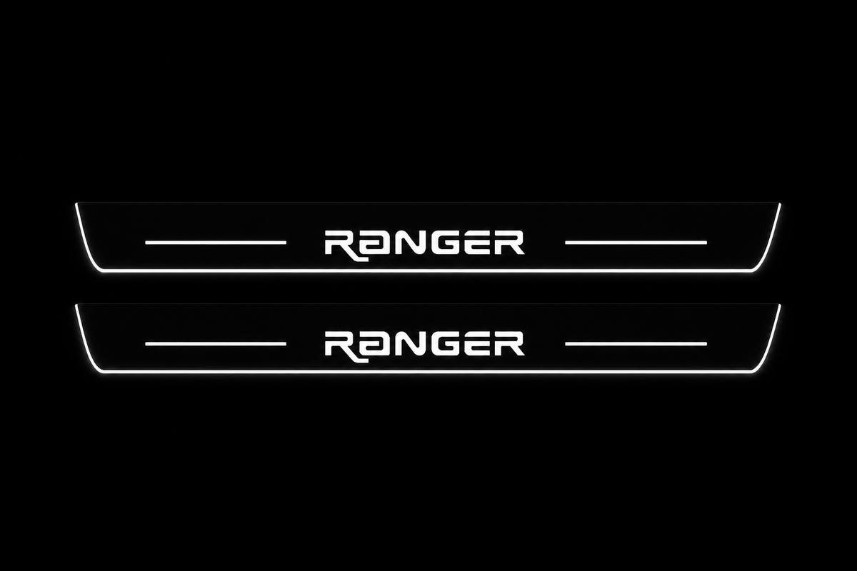 Product visualization: two flat front plates with original RANGER custom angular logo and side bars flat brushed stainless steel door sill plates with white LED artwork and edges, dark background.