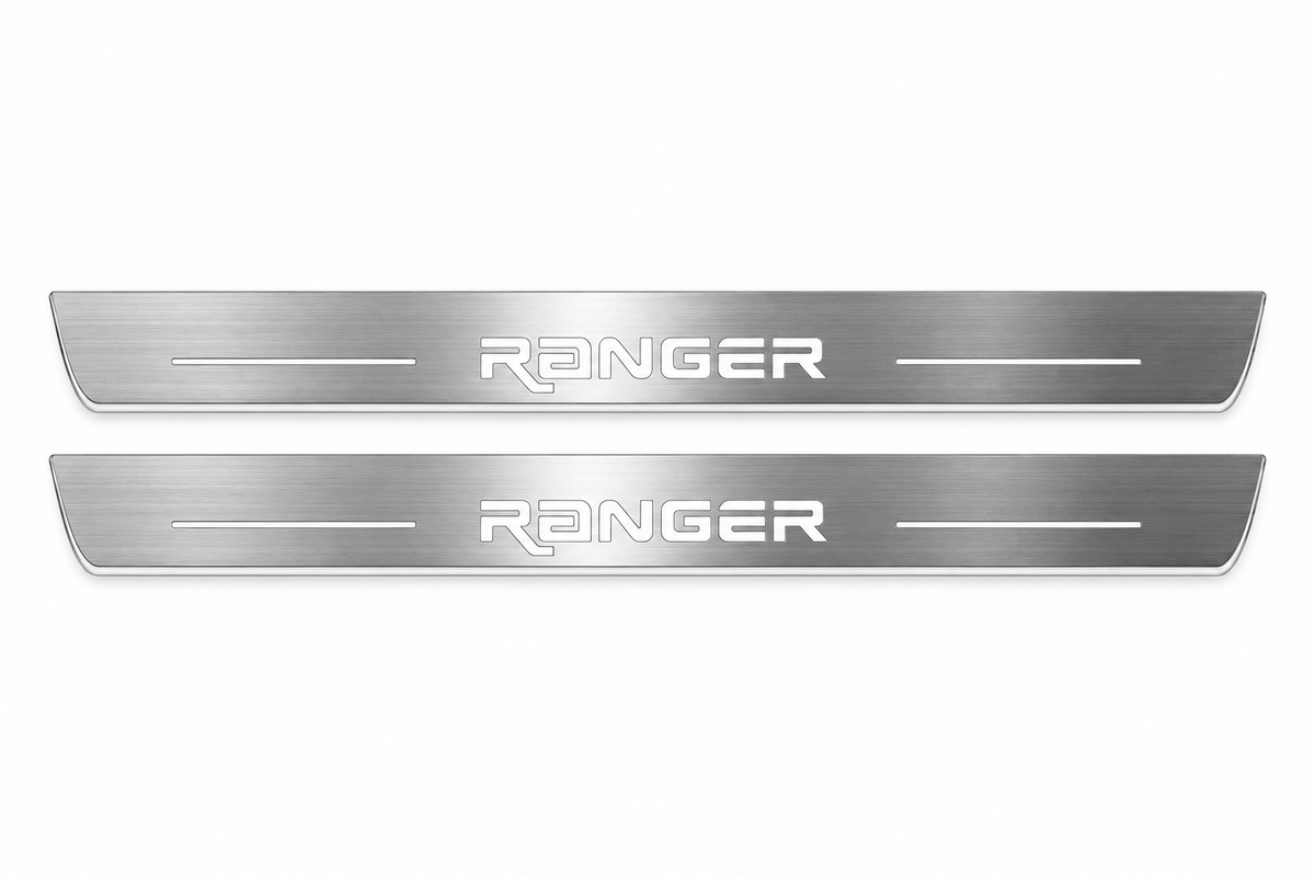 Product visualization: two flat front plates with original RANGER custom angular logo and side bars flat brushed stainless steel door sill plates with white LED artwork and edges, white background.