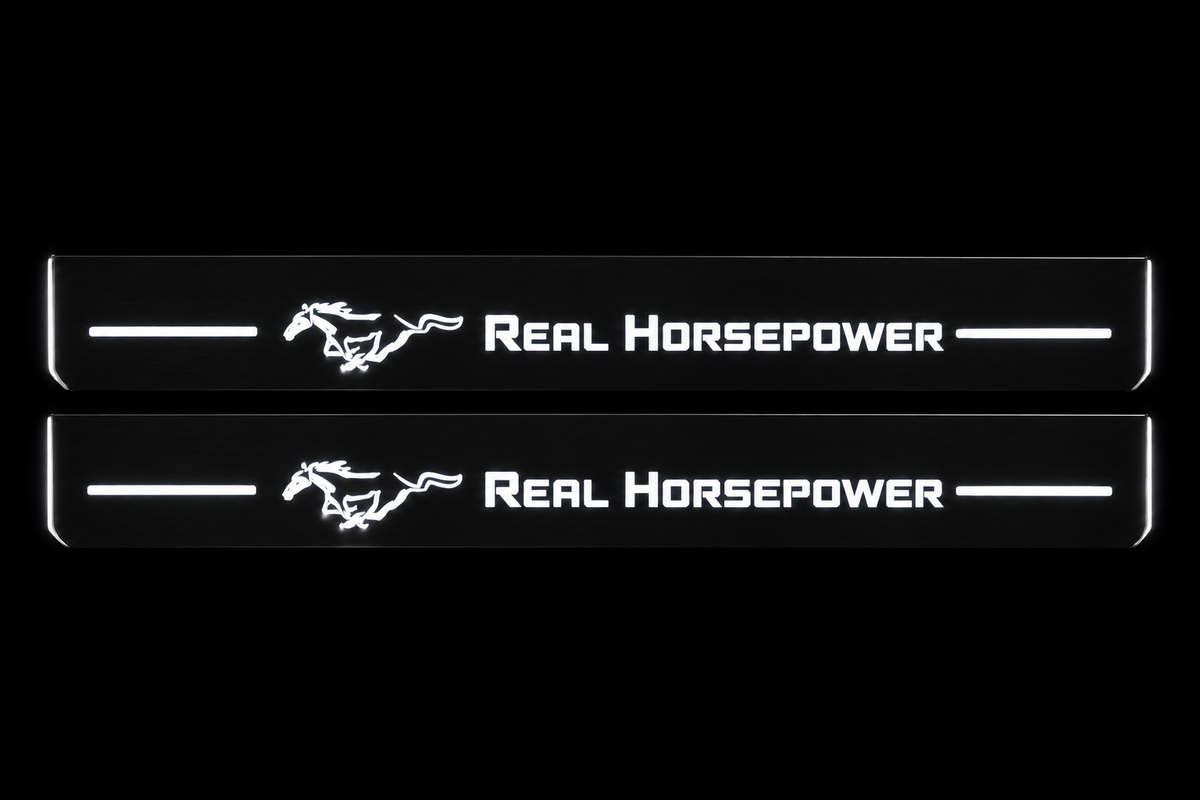 Product visualization: two flat Real Horsepower and Pony Stainless front plates, exact original own artwork. Black night background, unlit stainless face nearly hidden, white illuminated artwork, bars and real side/end edges with soft glow.