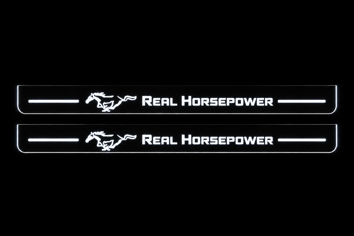 Product visualization: two flat Mach-E Real Horsepower and Pony Stainless FRONT plates, exact original own artwork. Black night background, unlit stainless face nearly hidden, white illuminated artwork, bars and real side/end edges with soft glow.