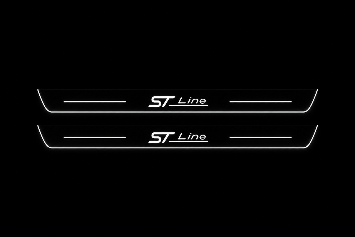 Product visualization: two exact ST Line front plates with verified original underline and bars flat brushed stainless steel door sill plates with white LED artwork and edges, dark background.