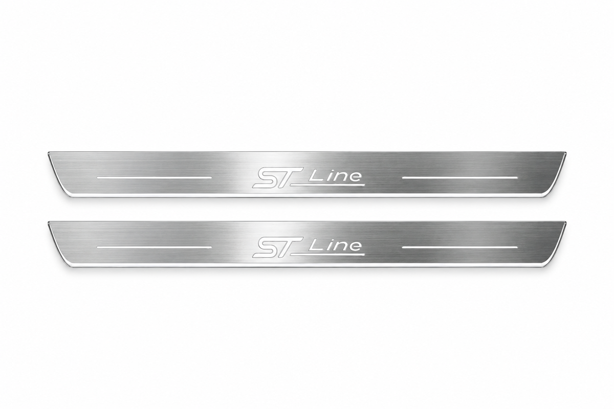 Product visualization: two exact ST Line front plates with verified original underline and bars flat brushed stainless steel door sill plates with white LED artwork and edges, white background.
