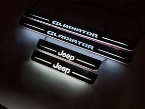 Illuminated LED Door Sill Tread Plates Jeep Gladiator JT 2019+ With Jeep Gladiator Logo Jeep Led Door Sills opdesign WHITE FRONT+REAR STAINLESS STEEL