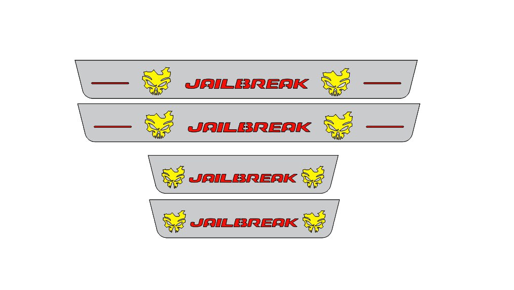 Illuminated LED Door Sill Tread Plates Dodge Charger 2011-2023 With JAILBREAK SKULL Logo Dodge Led Door Sills opdesign FLOW FRONT+REAR STAINLESS STEEL