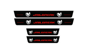 Illuminated LED Door Sill Tread Plates Dodge Charger 2023+ With JAILBREAK SKULL Logo Dodge Led Door Sills opdesign FLOW FRONT+REAR STAINLESS STEEL+RAPTOR PROTECTION