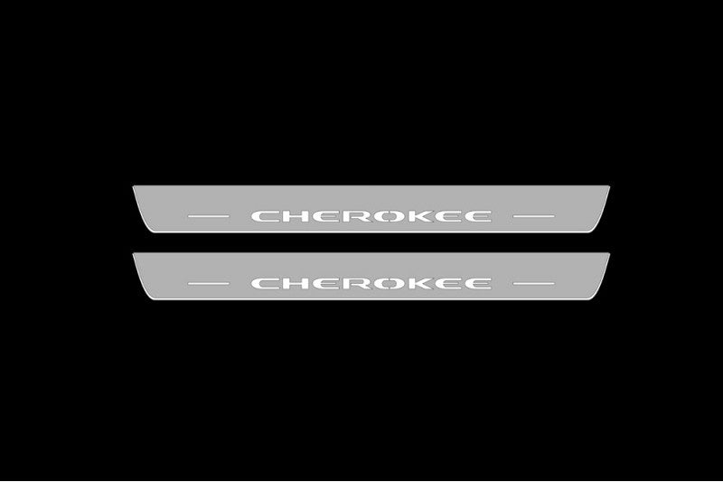 Illuminated LED Door Sill Tread Plates Jeep Cherokee KL 2014-2023 With Cherokee Logo Jeep Led Door Sills opdesign