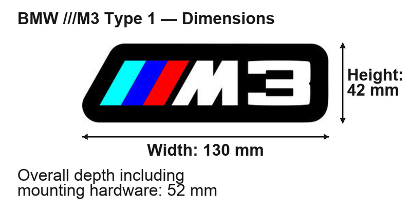 BMW ///M3 (type 1) dimensions: 130 × 42 mm; overall depth including mounting hardware 52 mm