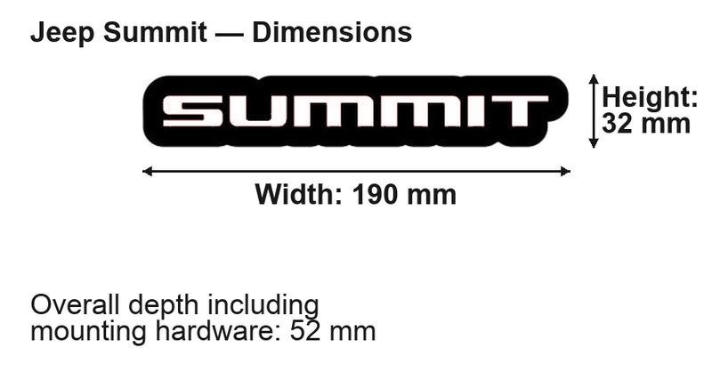 Jeep Summit LED Grille Badge: 190 × 32 mm; overall depth including mounting hardware: 52 mm