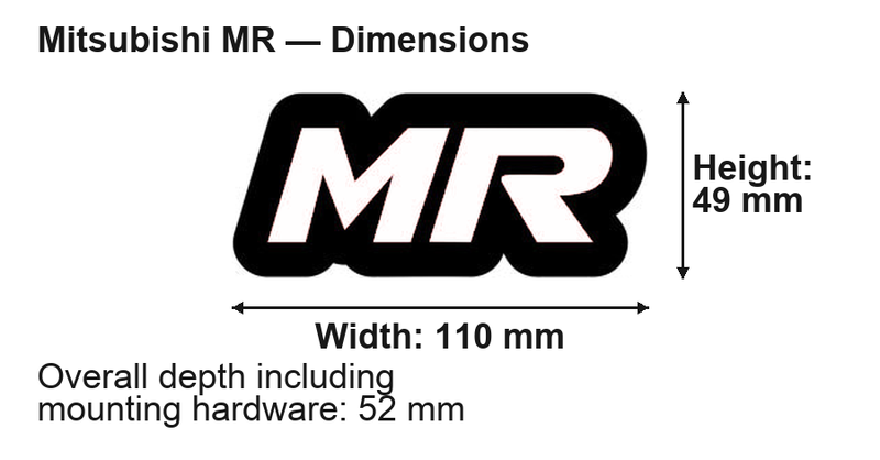 Mitsubishi MR LED Grille Badge: 110 × 49 mm; overall depth including mounting hardware: 52 mm