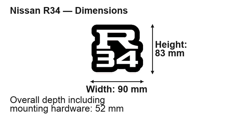 Nissan R34 Type 2 LED Grille Badge: 90 × 83 mm; overall depth including mounting hardware: 52 mm