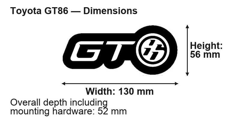 Toyota GT86 LED Grille Badge: 130 × 56 mm; overall depth including mounting hardware: 52 mm