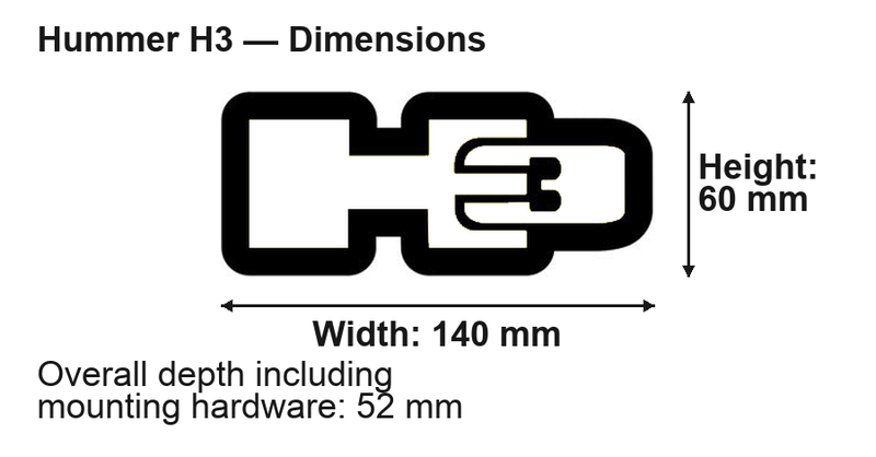 Hummer H3 dimensions: 140 × 60 mm; overall depth including mounting hardware 52 mm