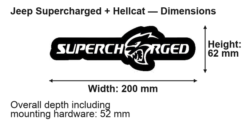 Jeep Supercharged + Hellcat LED Grille Badge: 200 × 62 mm; overall depth including mounting hardware: 52 mm