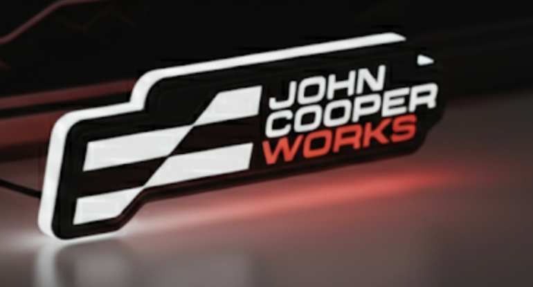 Mini John Cooper Works Type 2 grille badge illuminated at night