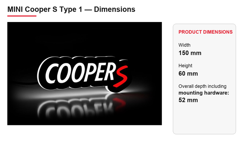 Mini Cooper S Type 1 dimensions: 150 × 60 mm; overall depth including mounting hardware: 52 mm