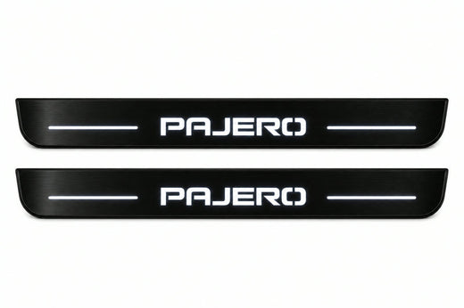 Mitsubishi Pajero Wagon V80 2006–2021 — Matte PRO LED Door Sills — Pajero Logo