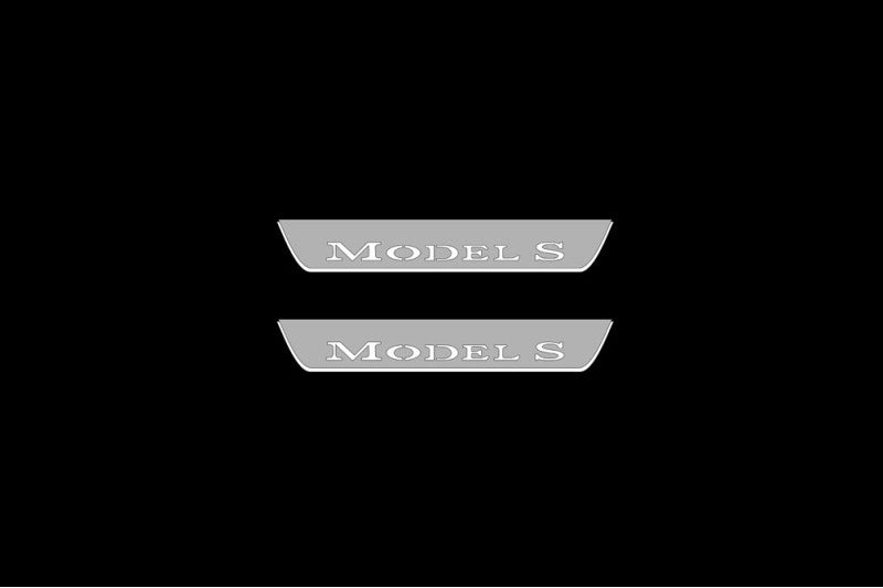 Illuminated LED Door Sill Tread Plates Tesla Model S 2012+ With Model S Logo Tesla Led Door Sills opdesign