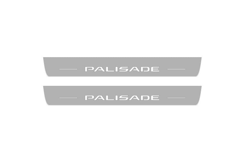 Illuminated LED Door Sill Tread Plates Hyundai Palisade 2020+ With Palisade Logo Hyundai Led Door Sills opdesign