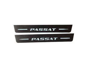 Volkswagen Passat B8 2015+ illuminated entry guards in stainless steel with Passat logo