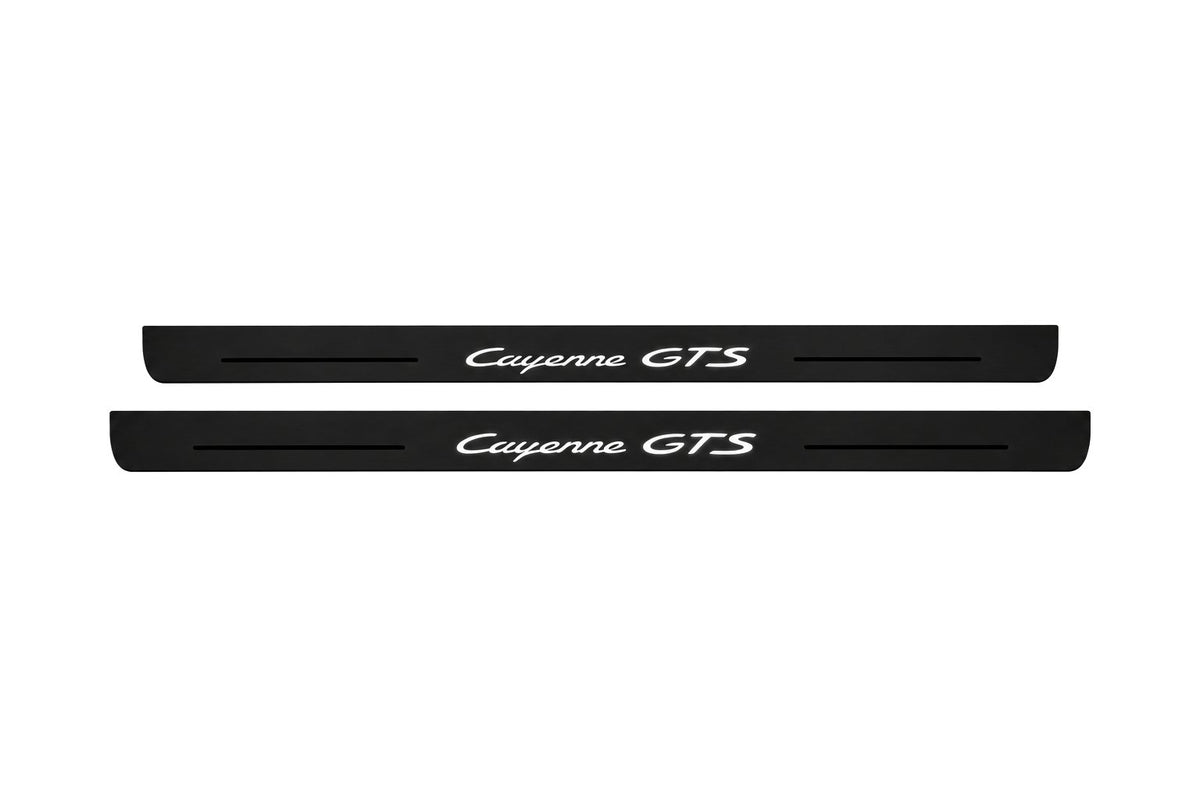 Catalogue illustration of two front black Matte PRO LED door sill plates with illuminated Cayenne GTS lettering for Porsche Cayenne Coupe E3; dimensions are selected during manufacture.