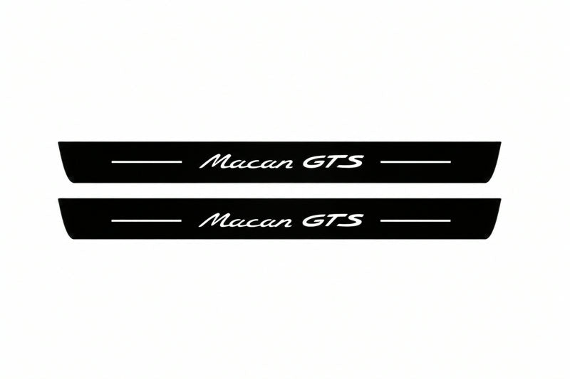 Catalogue illustration of two front black Matte PRO LED door sill plates with illuminated Macan GTS lettering for Porsche Macan 95B; dimensions are selected during manufacture.