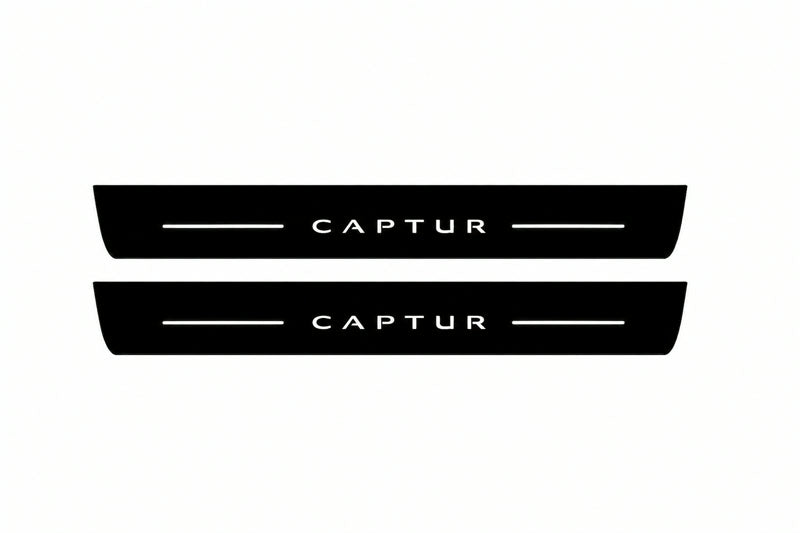 Catalogue illustration of two front black Matte PRO LED door sill plates with illuminated Captur lettering for Renault Captur I J87; dimensions are selected during manufacture.
