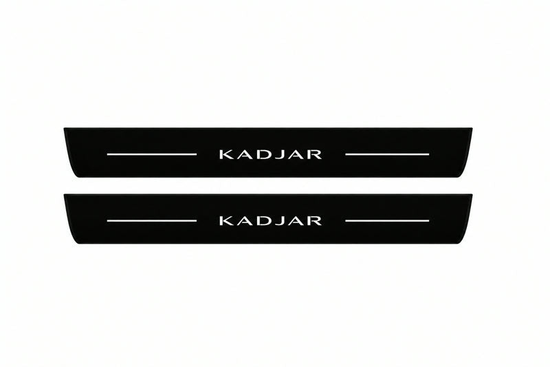 Catalogue illustration of two front black Matte PRO LED door sill plates with illuminated Kadjar lettering for Renault Kadjar; dimensions are selected during manufacture.